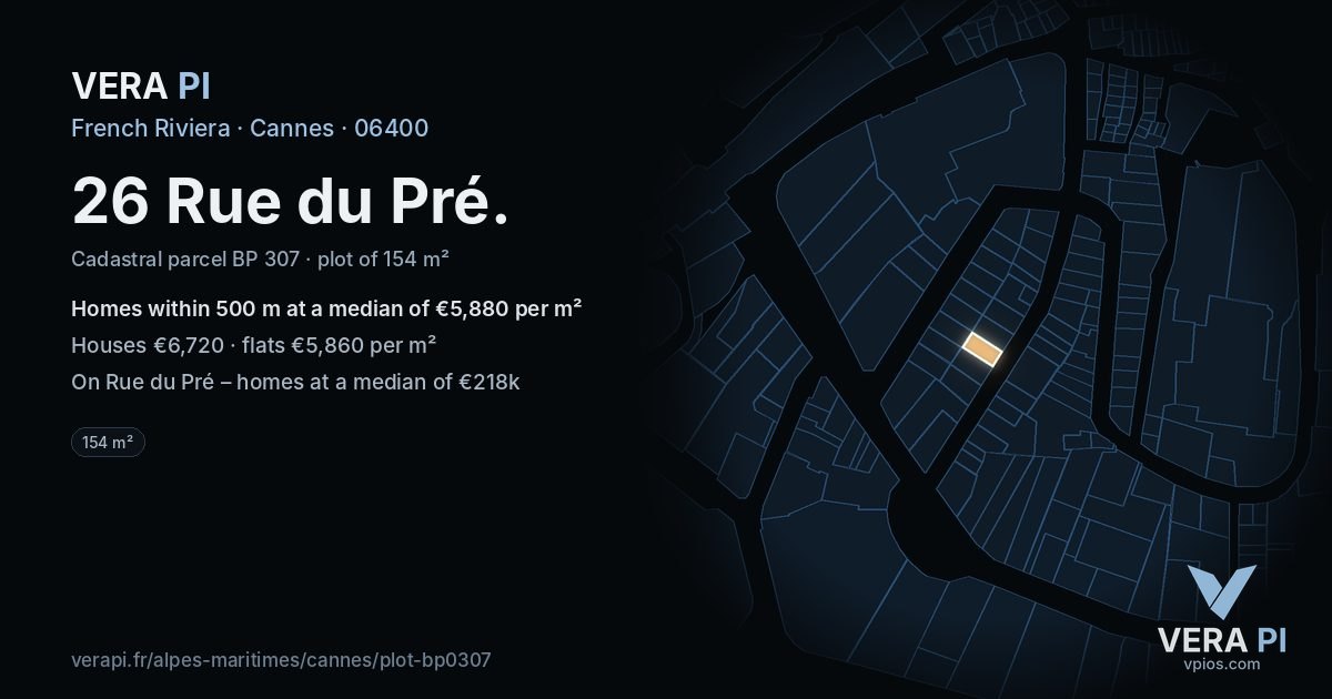 26 Rue du Pré, Cannes at night – the plot lit, the parcels around coloured by the prices near them
