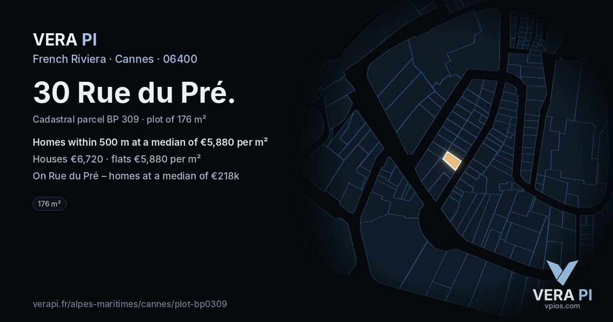 30 Rue du Pré, Cannes at night – the plot lit, the parcels around coloured by the prices near them