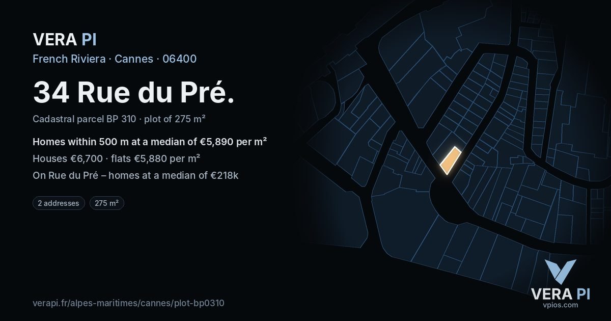 34 Rue du Pré, Cannes at night – the plot lit, the parcels around coloured by the prices near them
