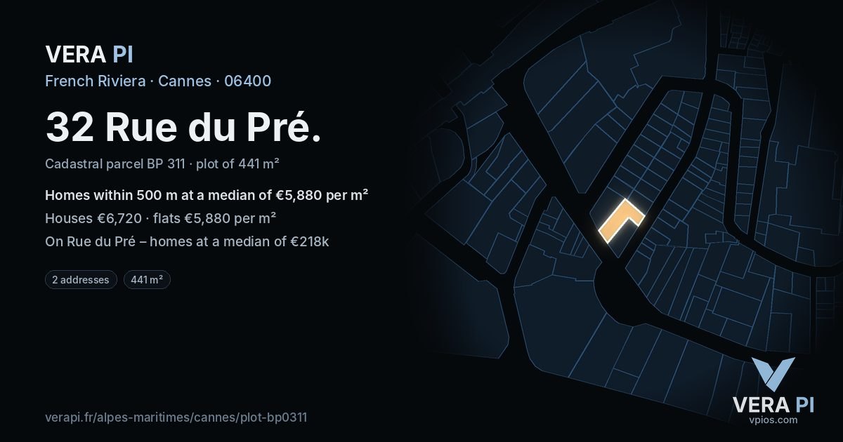 32 Rue du Pré, Cannes at night – the plot lit, the parcels around coloured by the prices near them
