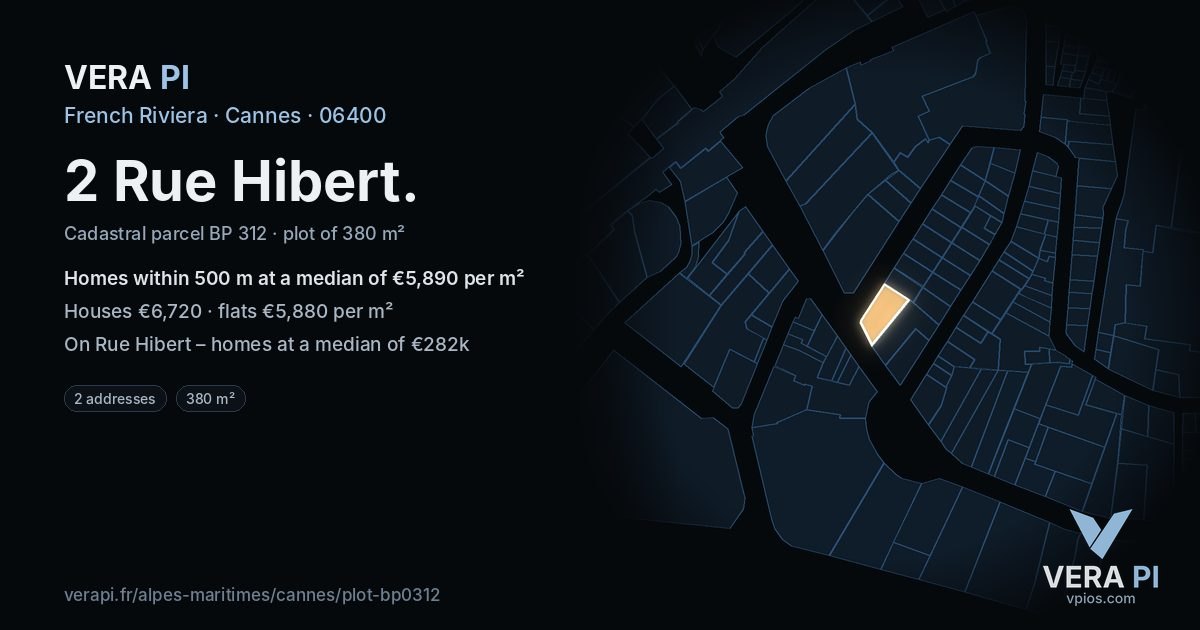2 Rue Hibert, Cannes at night – the plot lit, the parcels around coloured by the prices near them