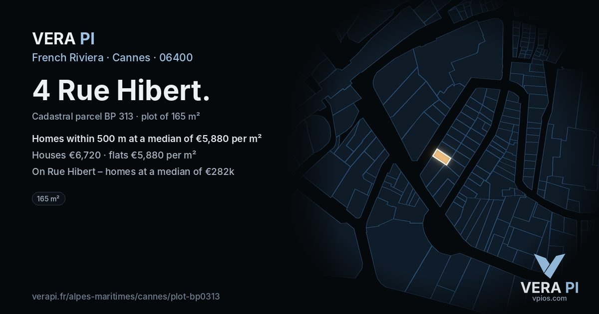 4 Rue Hibert, Cannes at night – the plot lit, the parcels around coloured by the prices near them