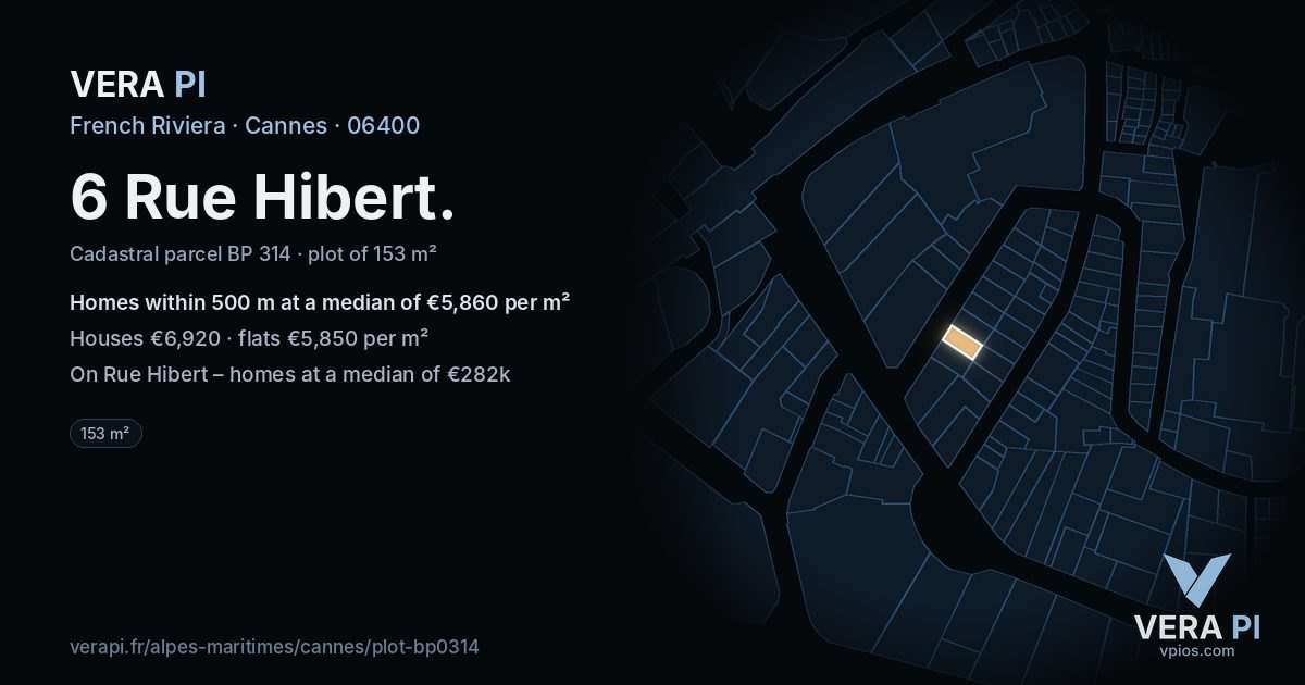 6 Rue Hibert, Cannes at night – the plot lit, the parcels around coloured by the prices near them