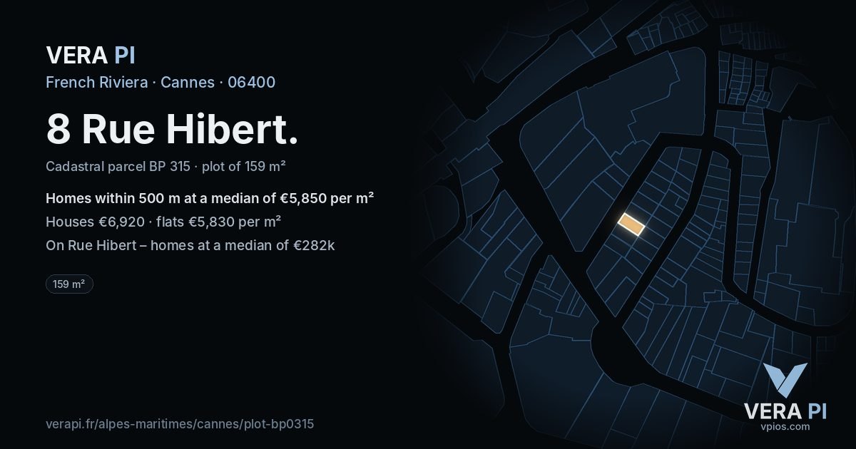 8 Rue Hibert, Cannes at night – the plot lit, the parcels around coloured by the prices near them