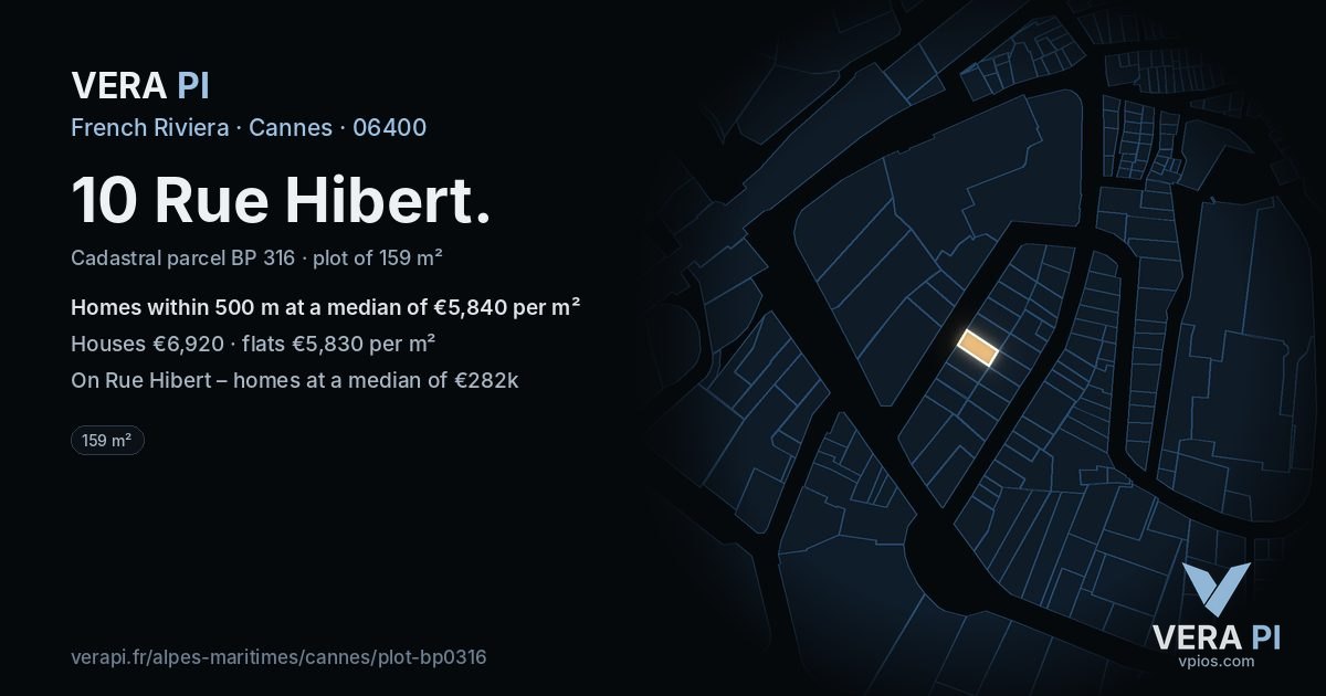 10 Rue Hibert, Cannes at night – the plot lit, the parcels around coloured by the prices near them