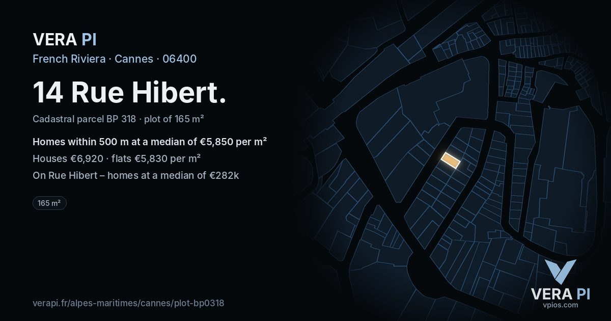 14 Rue Hibert, Cannes at night – the plot lit, the parcels around coloured by the prices near them
