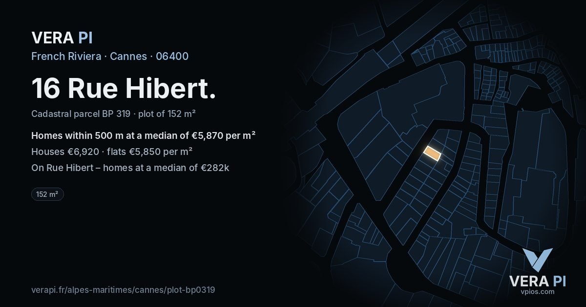 16 Rue Hibert, Cannes at night – the plot lit, the parcels around coloured by the prices near them