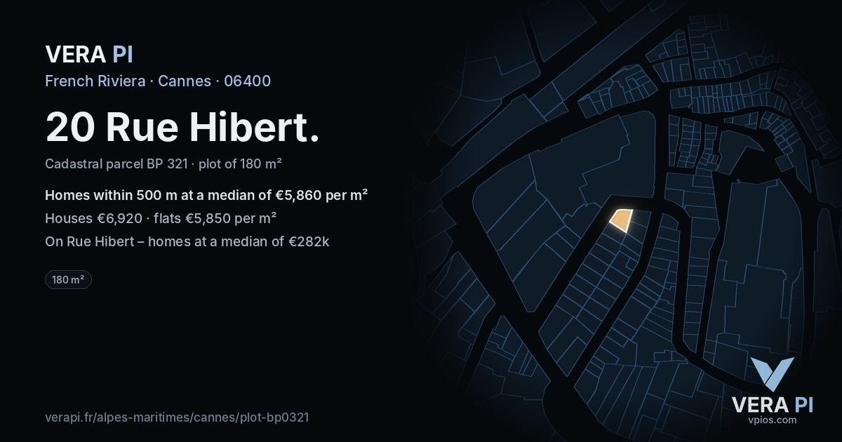 20 Rue Hibert, Cannes at night – the plot lit, the parcels around coloured by the prices near them