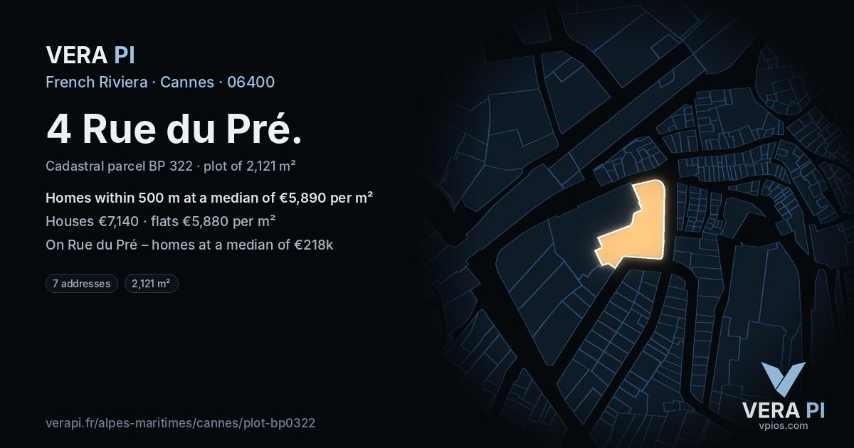 4 Rue du Pré, Cannes at night – the plot lit, the parcels around coloured by the prices near them