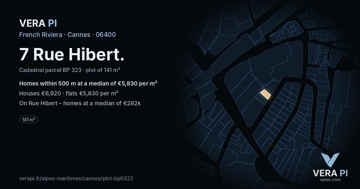 7 Rue Hibert, Cannes at night – the plot lit, the parcels around coloured by the prices near them