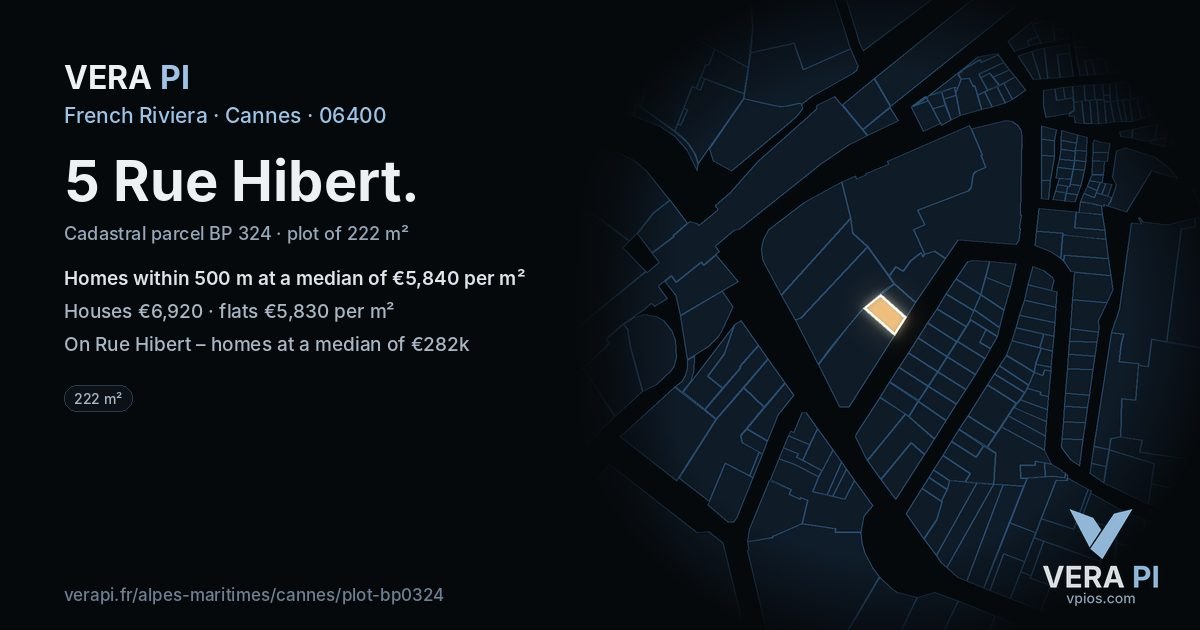 5 Rue Hibert, Cannes at night – the plot lit, the parcels around coloured by the prices near them