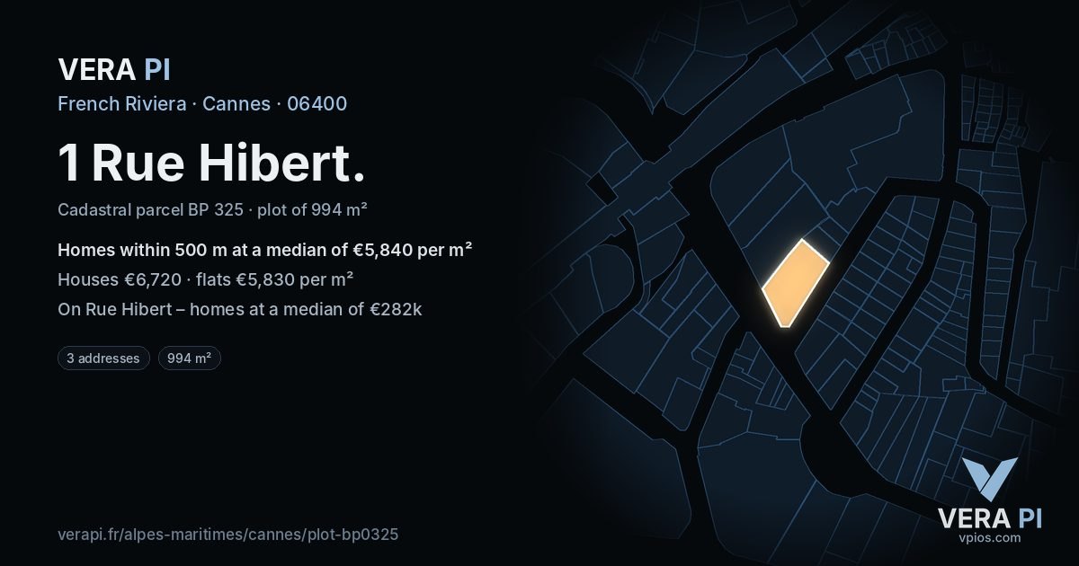 1 Rue Hibert, Cannes at night – the plot lit, the parcels around coloured by the prices near them