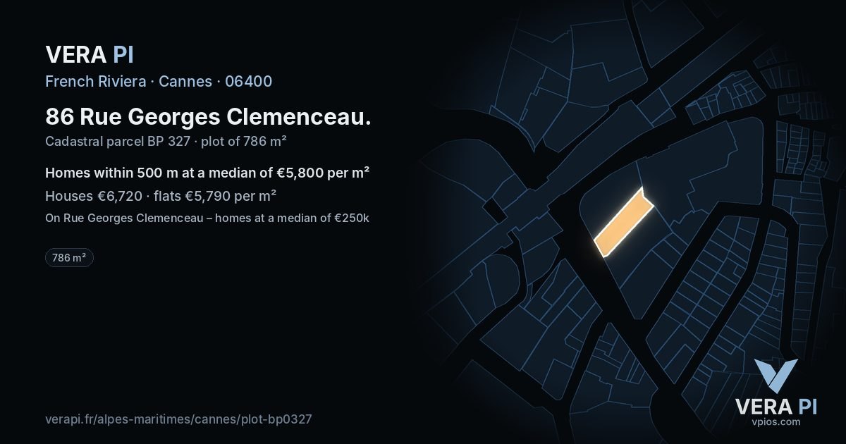 86 Rue Georges Clemenceau, Cannes at night – the plot lit, the parcels around coloured by the prices near them