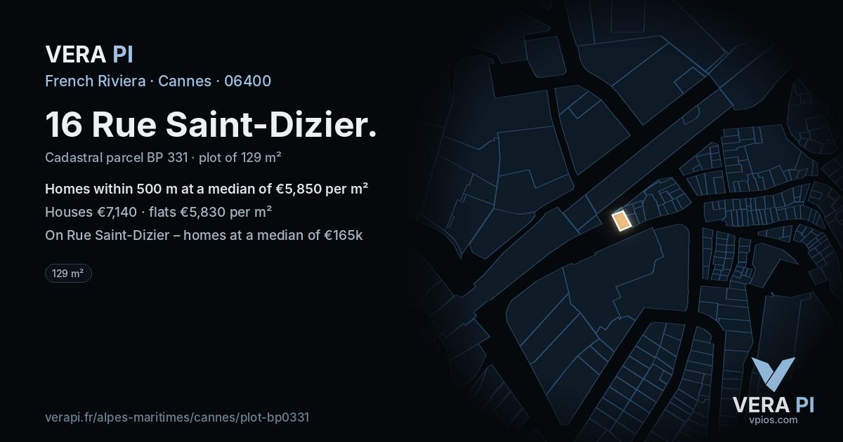 16 Rue Saint-Dizier, Cannes at night – the plot lit, the parcels around coloured by the prices near them