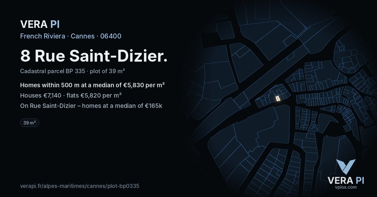 8 Rue Saint-Dizier, Cannes at night – the plot lit, the parcels around coloured by the prices near them