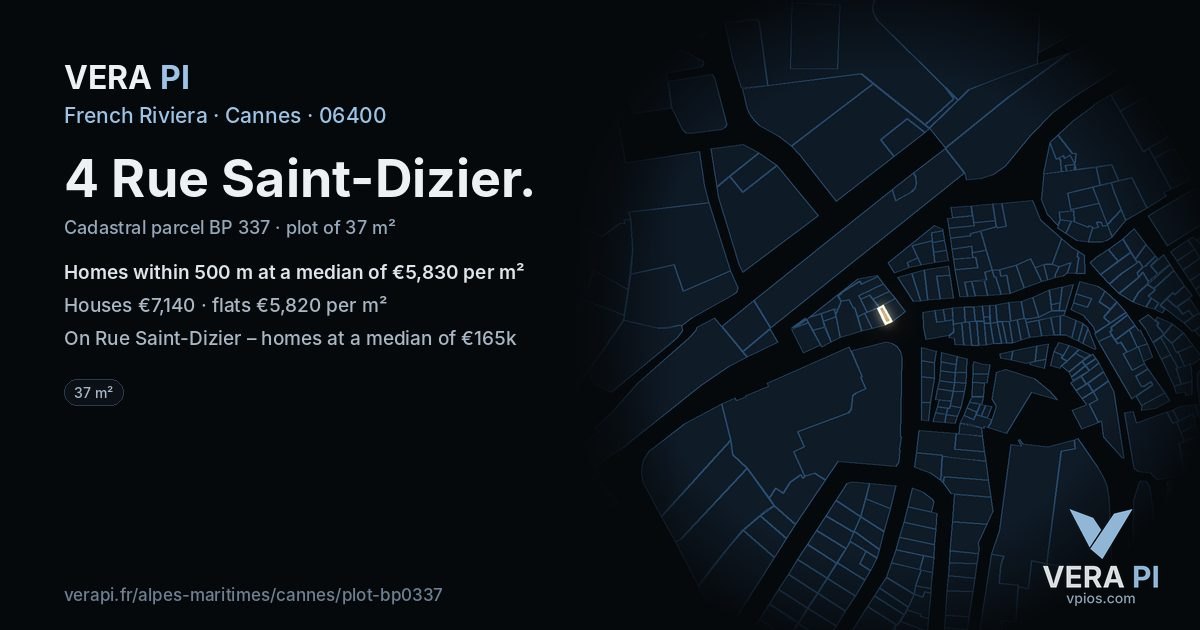 4 Rue Saint-Dizier, Cannes at night – the plot lit, the parcels around coloured by the prices near them