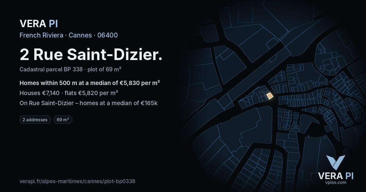 2 Rue Saint-Dizier, Cannes at night – the plot lit, the parcels around coloured by the prices near them