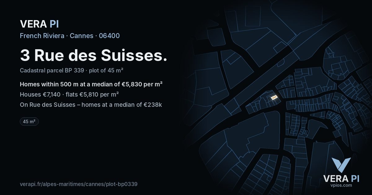3 Rue des Suisses, Cannes at night – the plot lit, the parcels around coloured by the prices near them