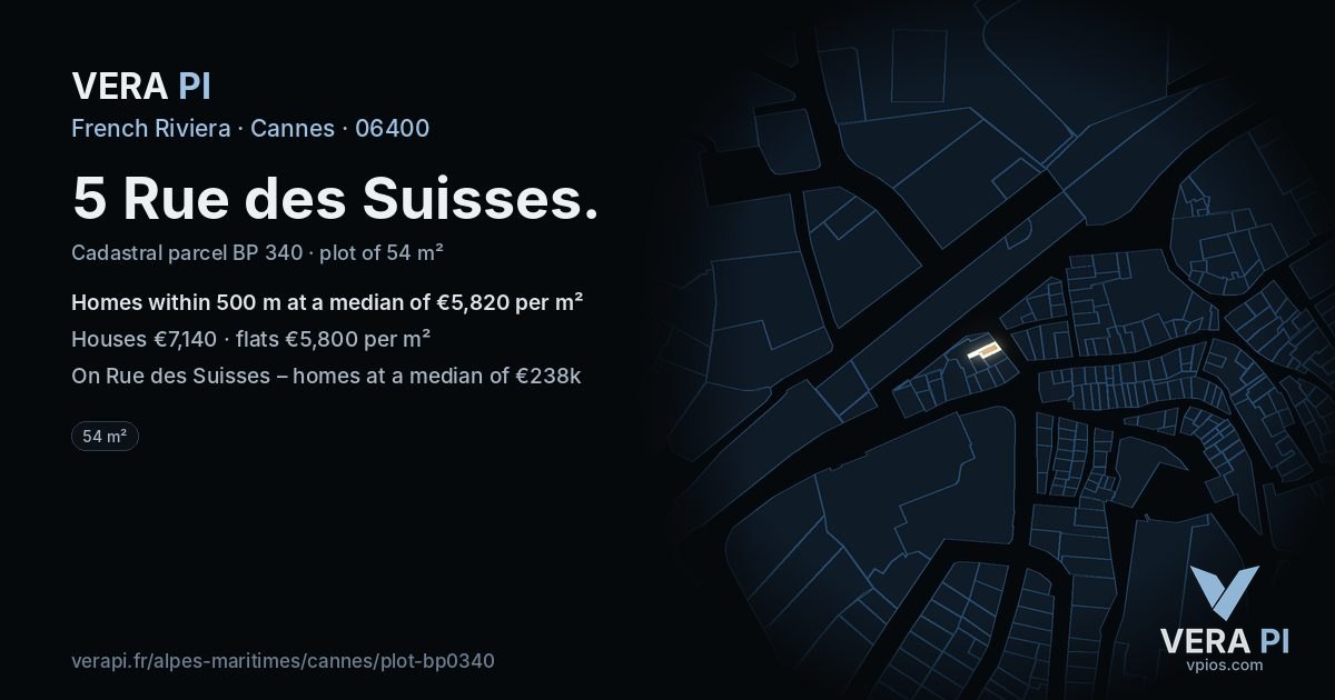 5 Rue des Suisses, Cannes at night – the plot lit, the parcels around coloured by the prices near them