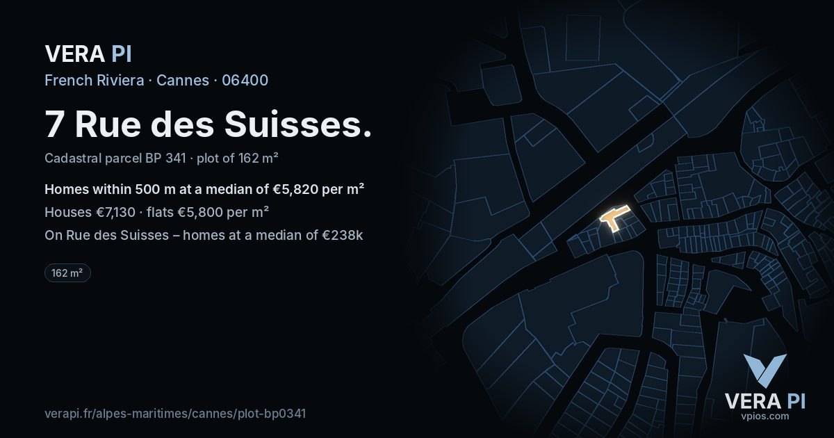 7 Rue des Suisses, Cannes at night – the plot lit, the parcels around coloured by the prices near them