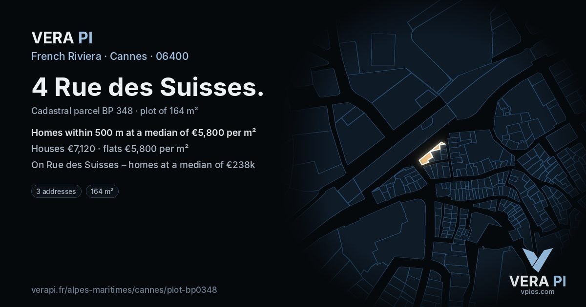 4 Rue des Suisses, Cannes at night – the plot lit, the parcels around coloured by the prices near them