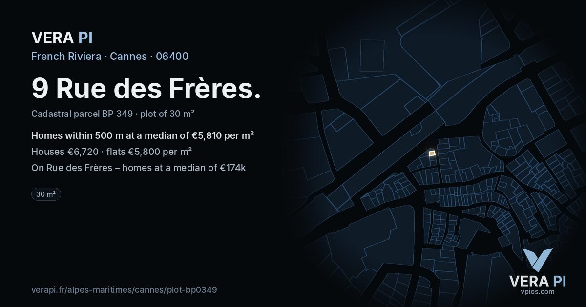 9 Rue des Frères, Cannes at night – the plot lit, the parcels around coloured by the prices near them