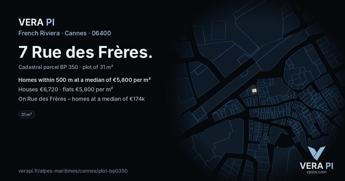 7 Rue des Frères, Cannes at night – the plot lit, the parcels around coloured by the prices near them