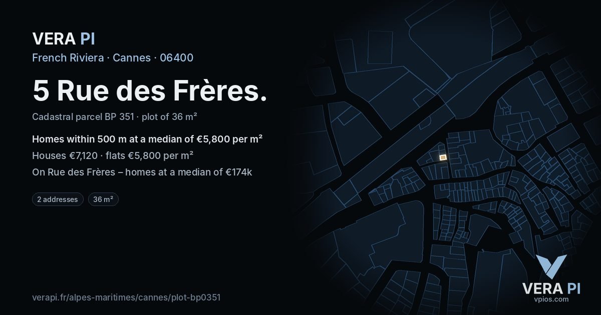 5 Rue des Frères, Cannes at night – the plot lit, the parcels around coloured by the prices near them