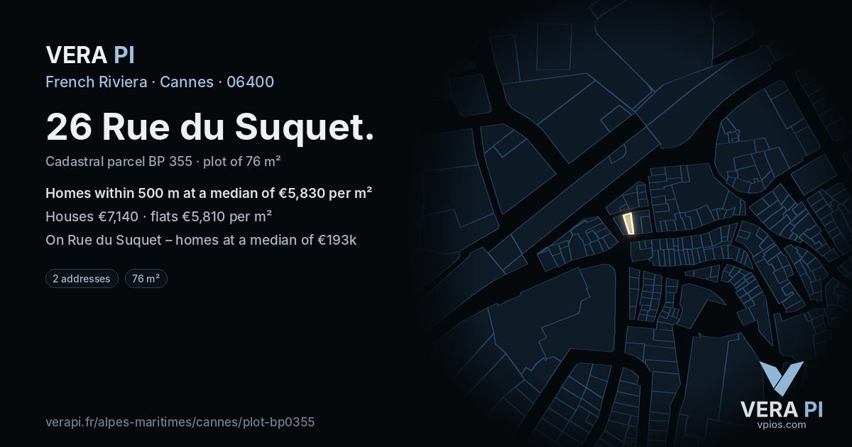 26 Rue du Suquet, Cannes at night – the plot lit, the parcels around coloured by the prices near them