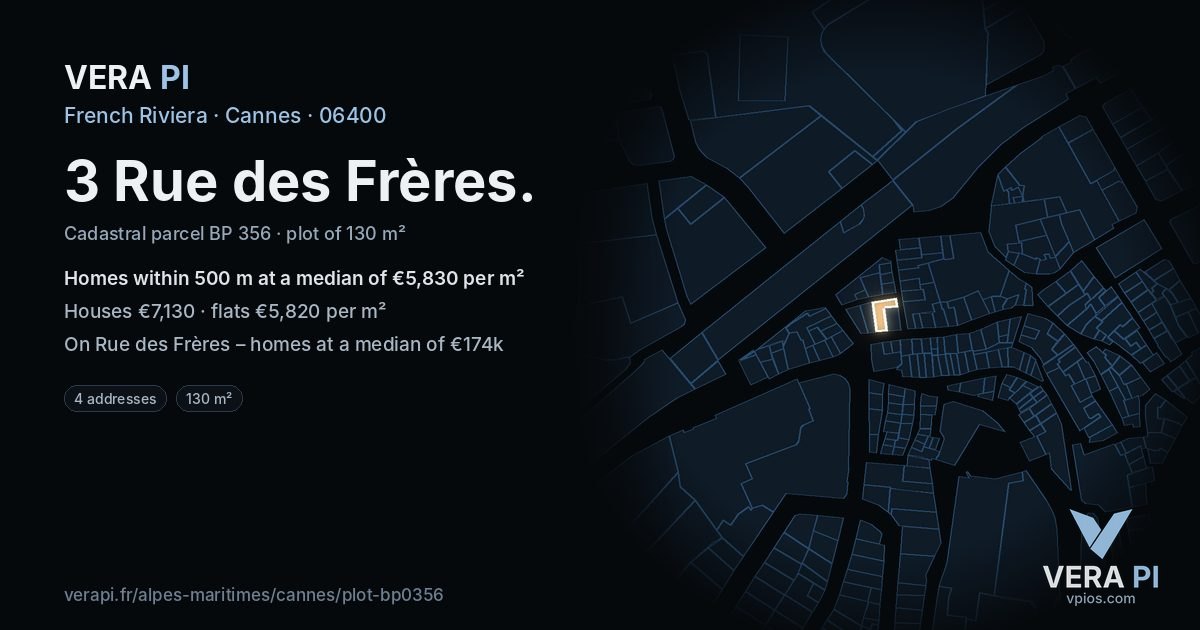 3 Rue des Frères, Cannes at night – the plot lit, the parcels around coloured by the prices near them