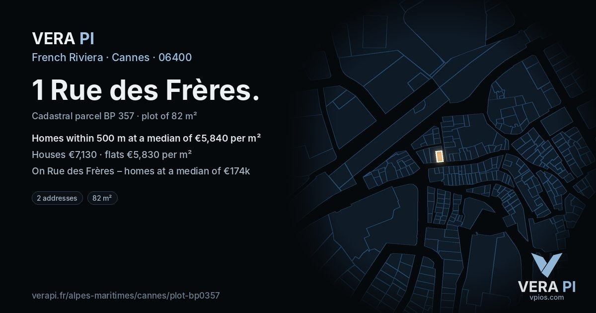 1 Rue des Frères, Cannes at night – the plot lit, the parcels around coloured by the prices near them