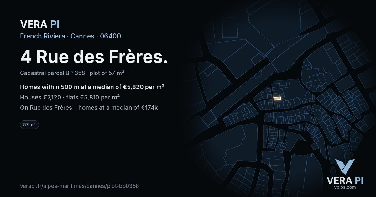 4 Rue des Frères, Cannes at night – the plot lit, the parcels around coloured by the prices near them