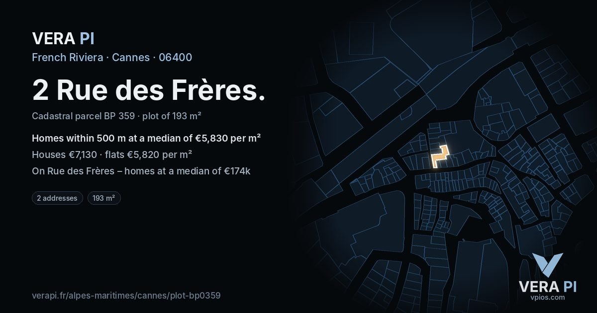 2 Rue des Frères, Cannes at night – the plot lit, the parcels around coloured by the prices near them