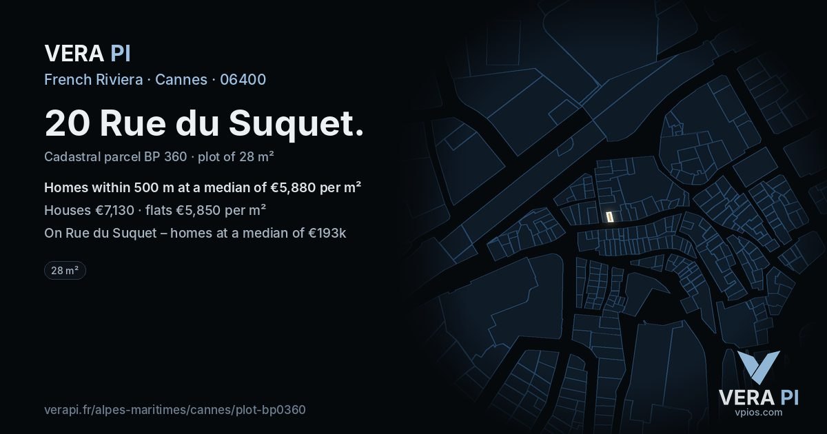 20 Rue du Suquet, Cannes at night – the plot lit, the parcels around coloured by the prices near them