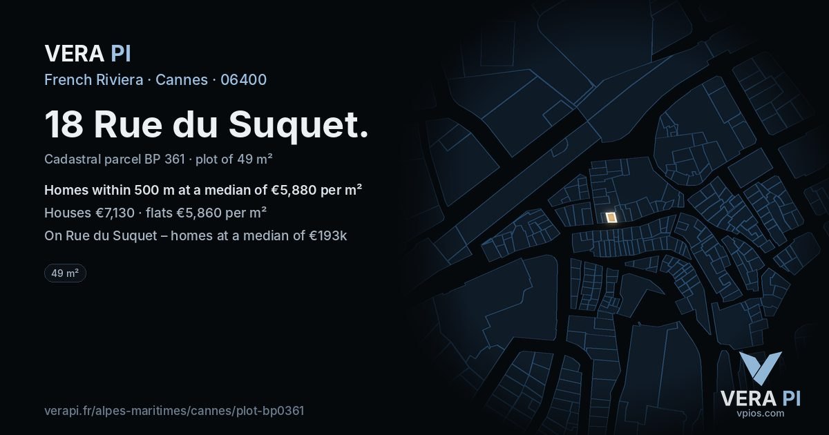 18 Rue du Suquet, Cannes at night – the plot lit, the parcels around coloured by the prices near them