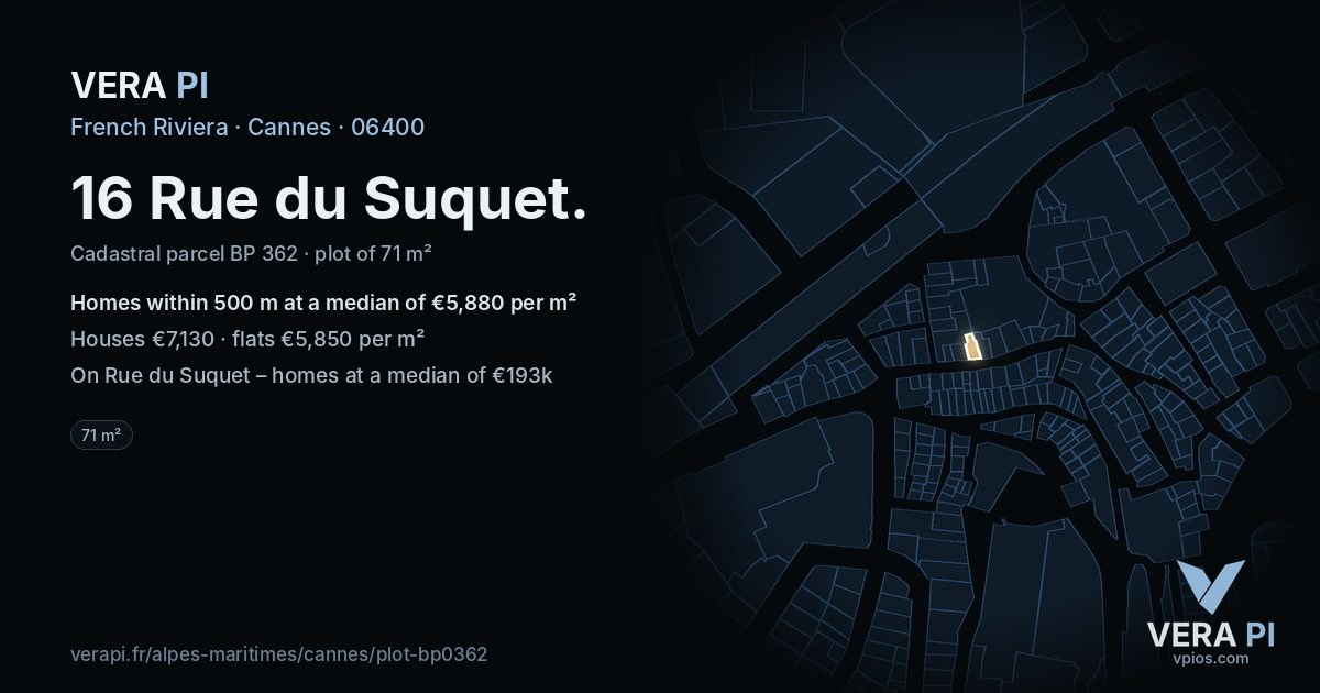 16 Rue du Suquet, Cannes at night – the plot lit, the parcels around coloured by the prices near them