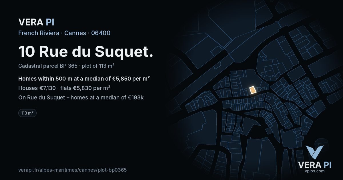 10 Rue du Suquet, Cannes at night – the plot lit, the parcels around coloured by the prices near them