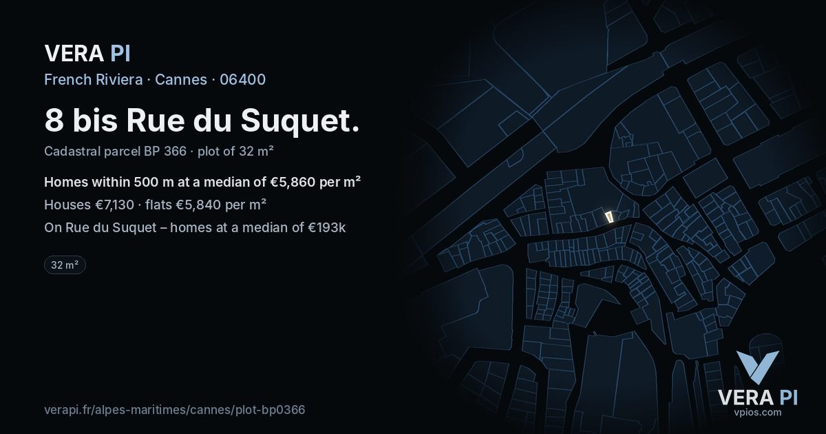 8 bis Rue du Suquet, Cannes at night – the plot lit, the parcels around coloured by the prices near them