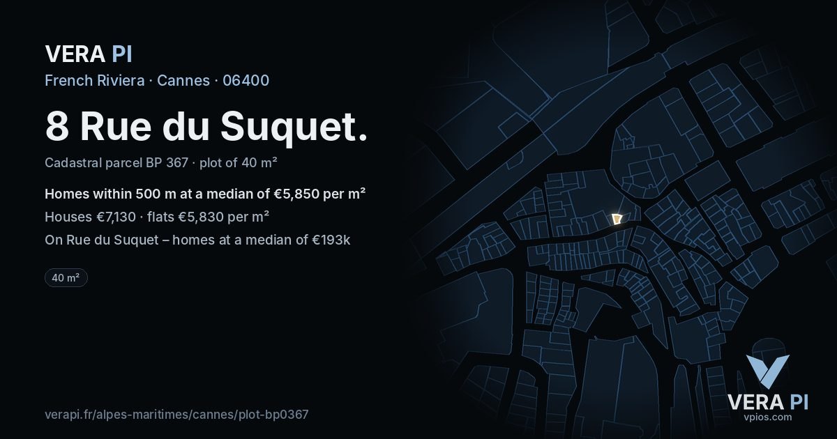 8 Rue du Suquet, Cannes at night – the plot lit, the parcels around coloured by the prices near them