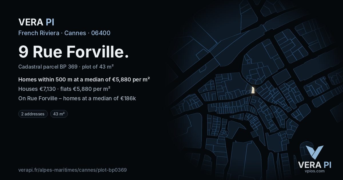 9 Rue Forville, Cannes at night – the plot lit, the parcels around coloured by the prices near them