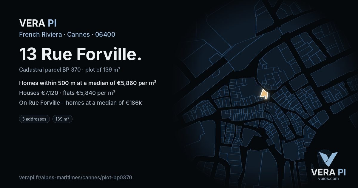 13 Rue Forville, Cannes at night – the plot lit, the parcels around coloured by the prices near them