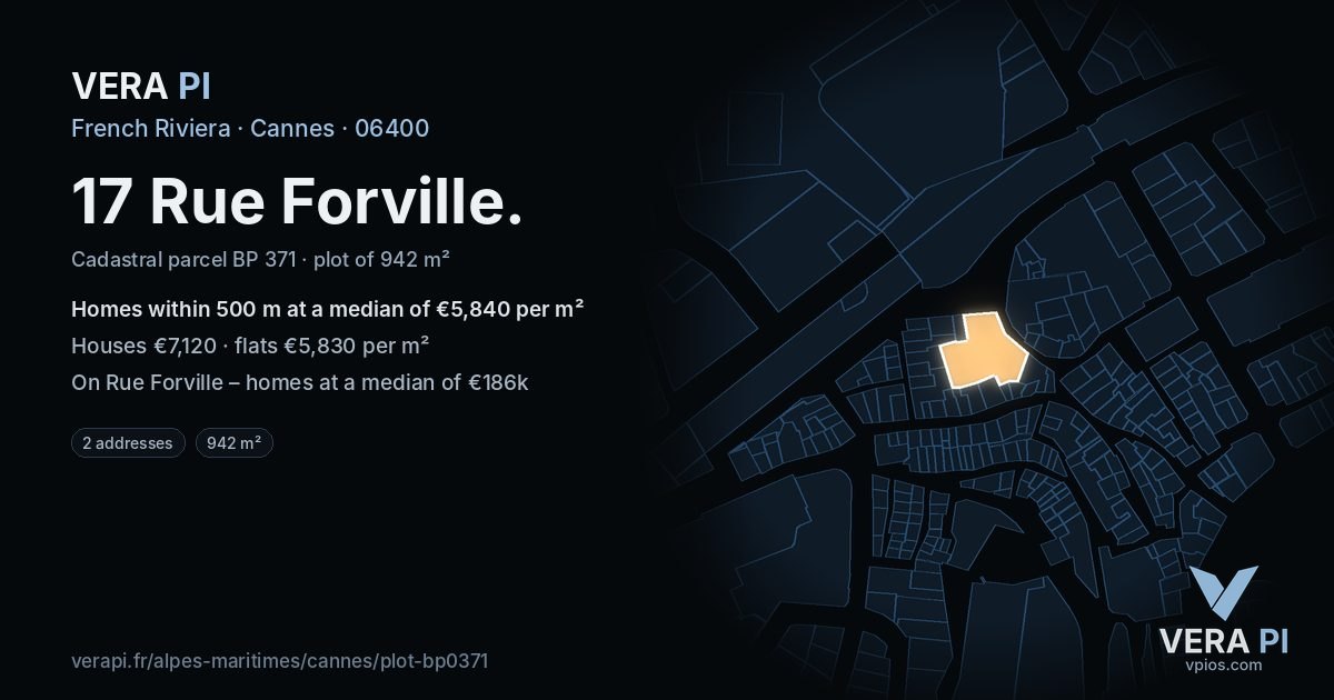 17 Rue Forville, Cannes at night – the plot lit, the parcels around coloured by the prices near them