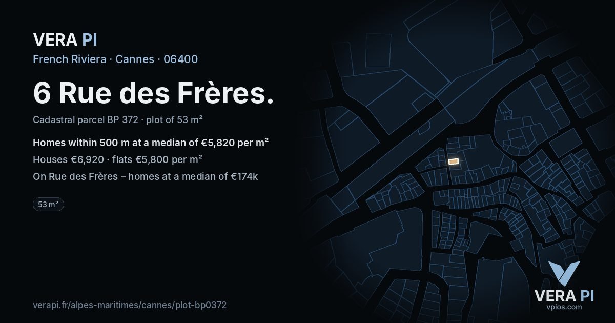 6 Rue des Frères, Cannes at night – the plot lit, the parcels around coloured by the prices near them