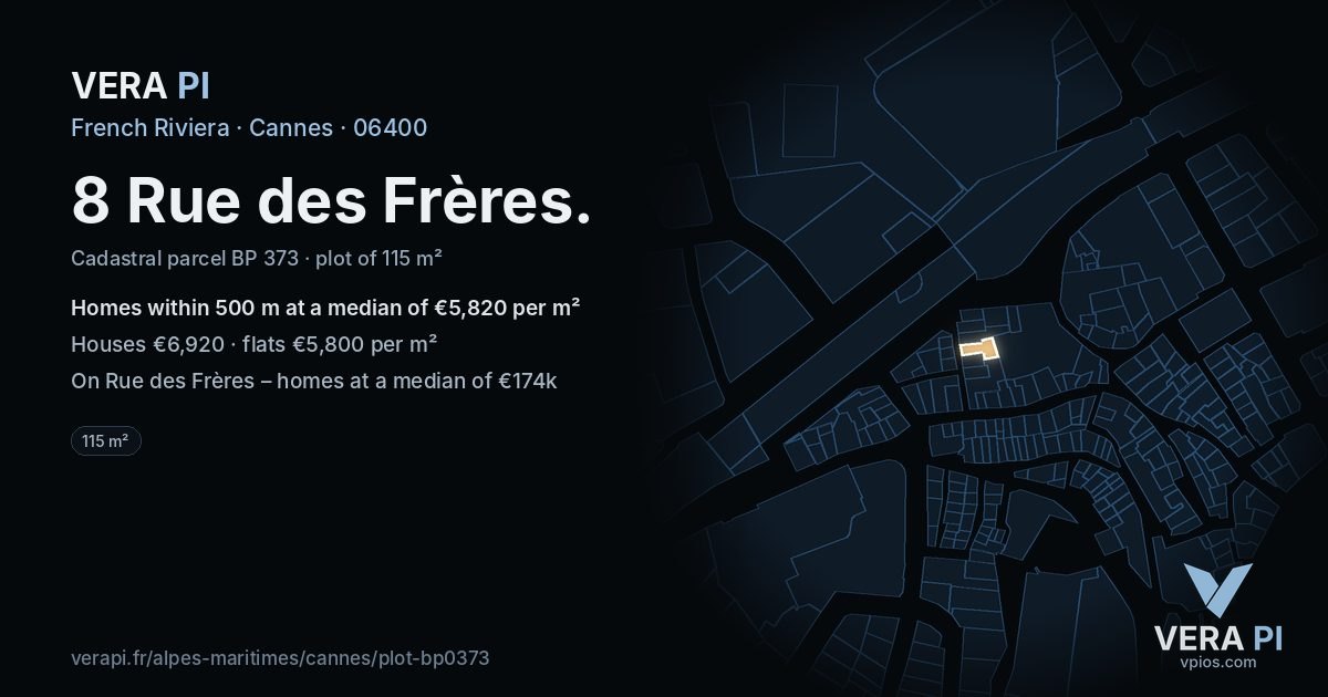 8 Rue des Frères, Cannes at night – the plot lit, the parcels around coloured by the prices near them