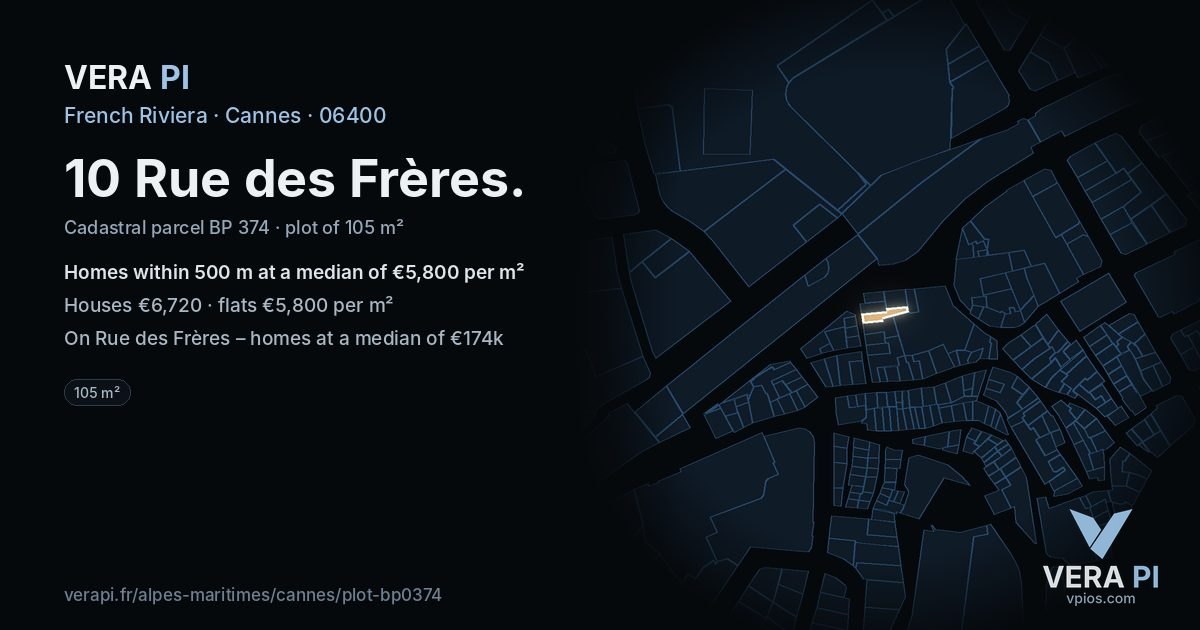 10 Rue des Frères, Cannes at night – the plot lit, the parcels around coloured by the prices near them