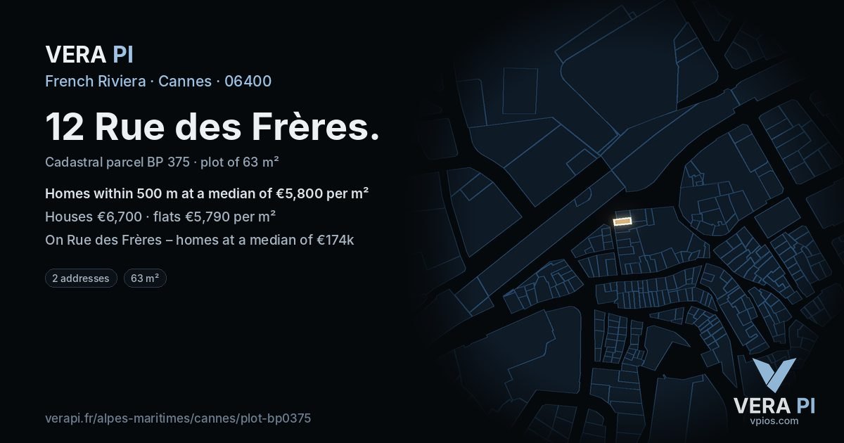 12 Rue des Frères, Cannes at night – the plot lit, the parcels around coloured by the prices near them