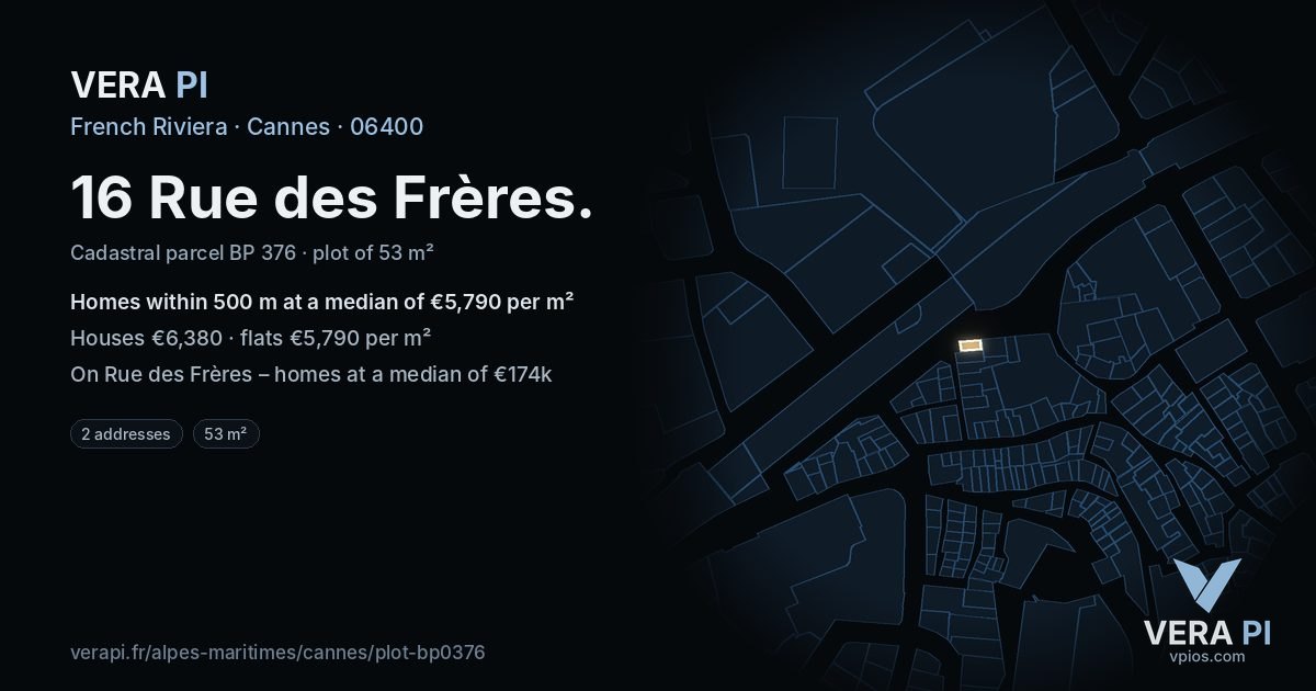 16 Rue des Frères, Cannes at night – the plot lit, the parcels around coloured by the prices near them
