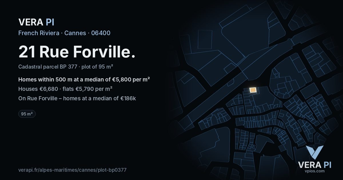 21 Rue Forville, Cannes at night – the plot lit, the parcels around coloured by the prices near them