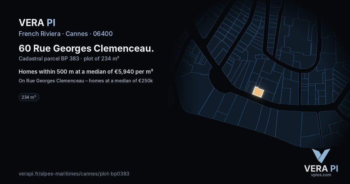 60 Rue Georges Clemenceau, Cannes at night – the plot lit, the parcels around coloured by the prices near them