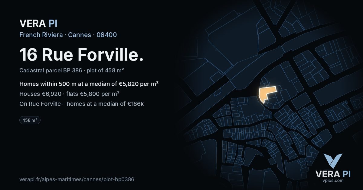 16 Rue Forville, Cannes at night – the plot lit, the parcels around coloured by the prices near them